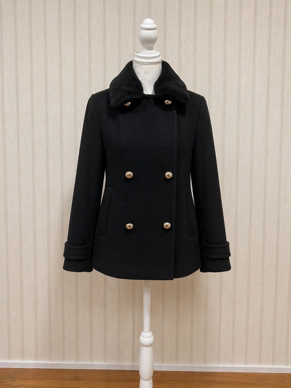 kate spade Black Double-Breasted Peacoat with Faux Fur Collar